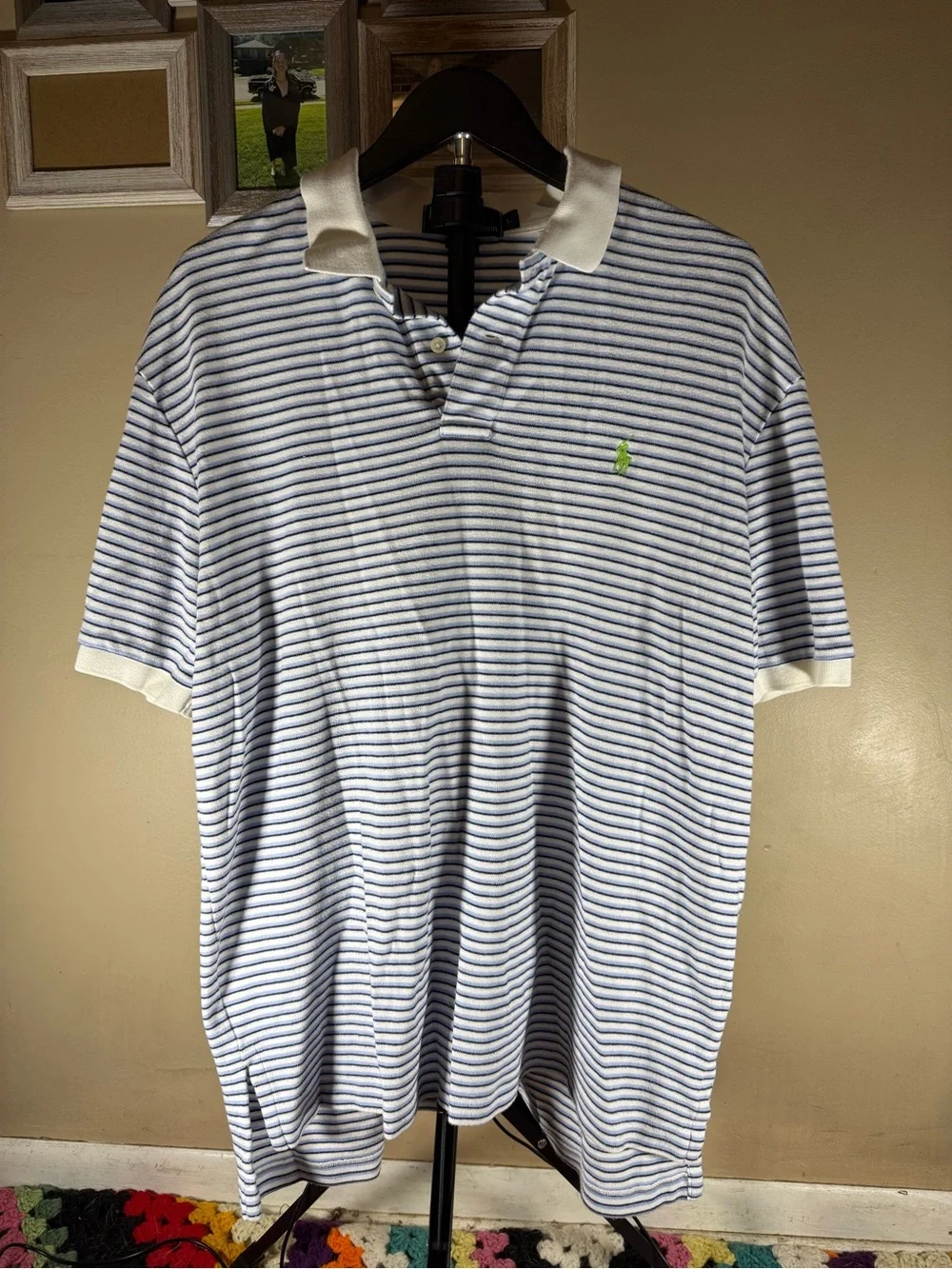 Ralph Lauren Men’s White Polo with Blue Stripes & Green Pony